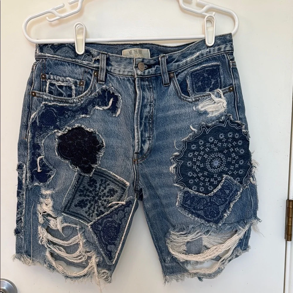 We The Free Distressed Blue Jean Shorts with Bandana Patchwork